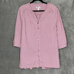D&Co Denim & Co XL Shirt Top Pink Striped 3/4 Sleeve V Neck Button Up Stretch